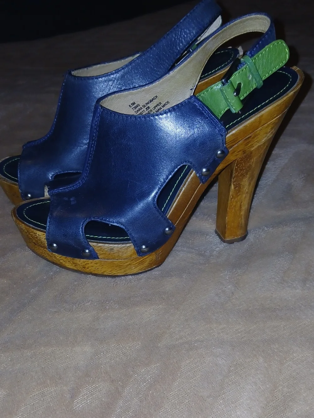 Frye Womens Dara Slingback Black And Green Leather Wooden Heels   Sz: 8.5